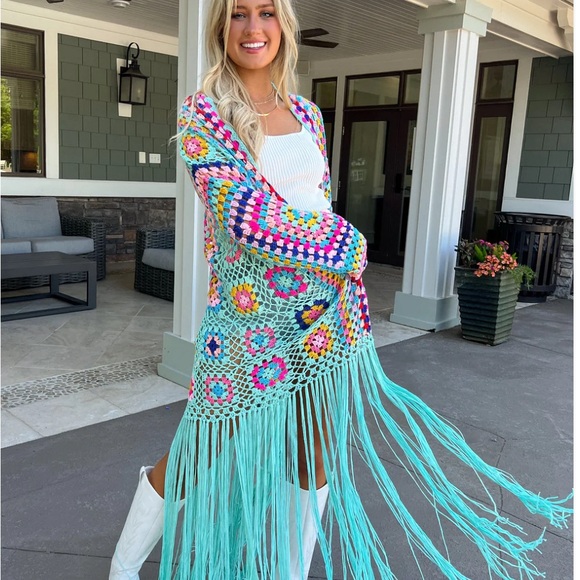 N1 Los Angeles crochet sweater fringe duster blue - Picture 9 of 11